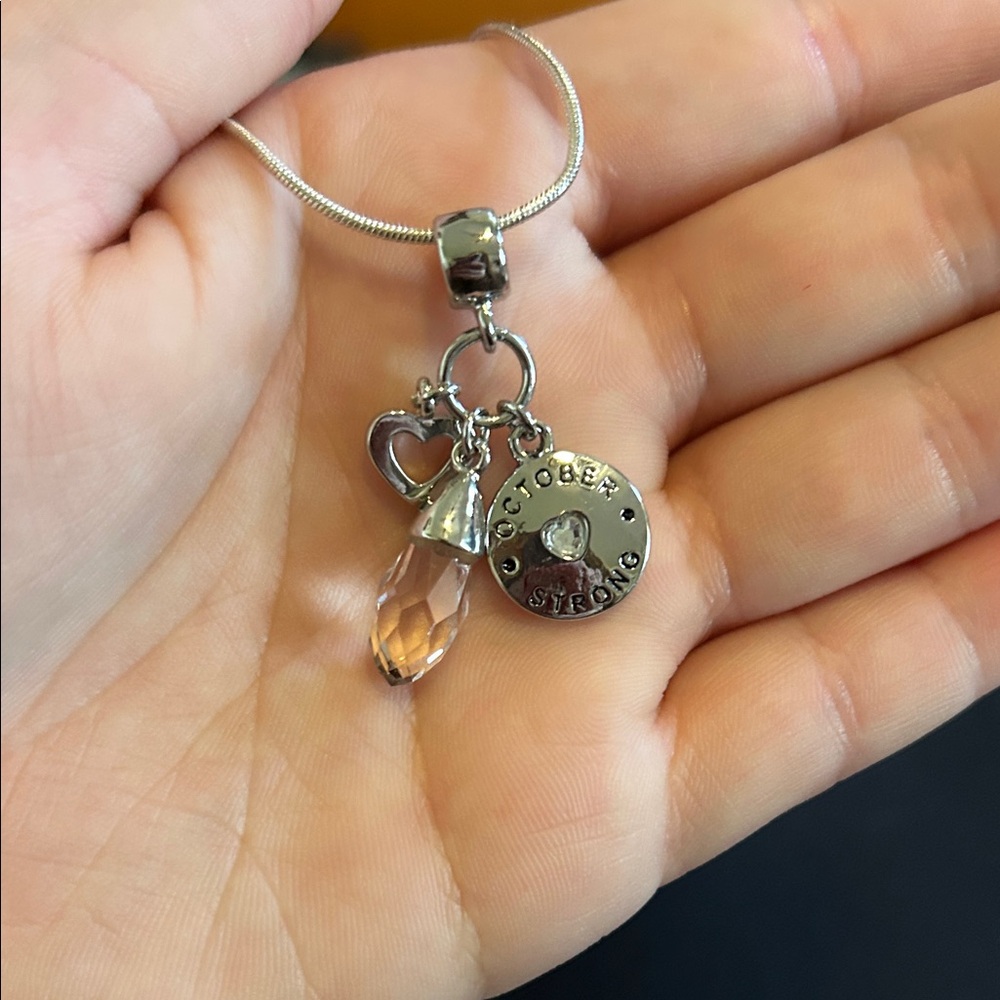 “October Strong” Silver and Pink Charm Necklace